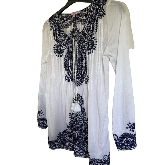 Calypso St Barth Embroidered Pleated Beaded Long Sleeve Tunic Beachy Coastal Top - Picture 4 of 13